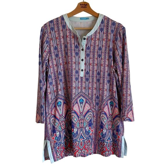 J. McLaughlin Catalina Cloth Paisley Floral Boho Tunic Top SZ XL Blue & Red EUC - Picture 1 of 9
